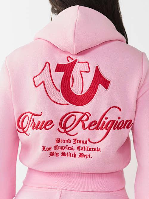 TRUE RELIGION Embroidered Big T Shrunken Zip Hoodie in Pink | Lyst