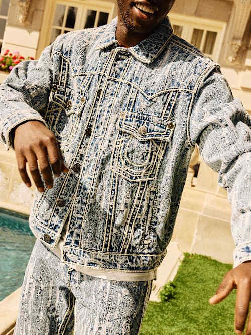 TRUE RELIGION Ultra Distressed Rope Stitch Trucker Jacket in Blue