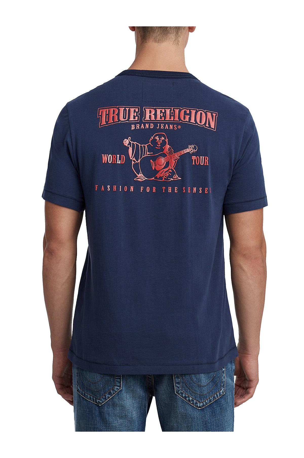 orange and blue true religion shirt