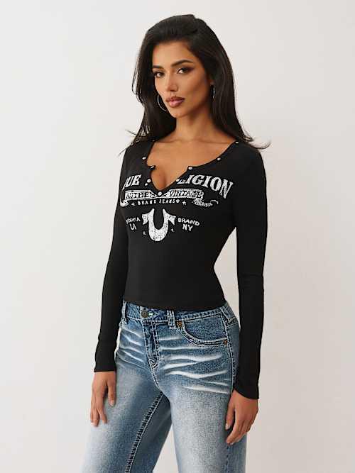 TRUE RELIGION Ribbed V Notch Long Sleeve T-shirt in Black Lyst