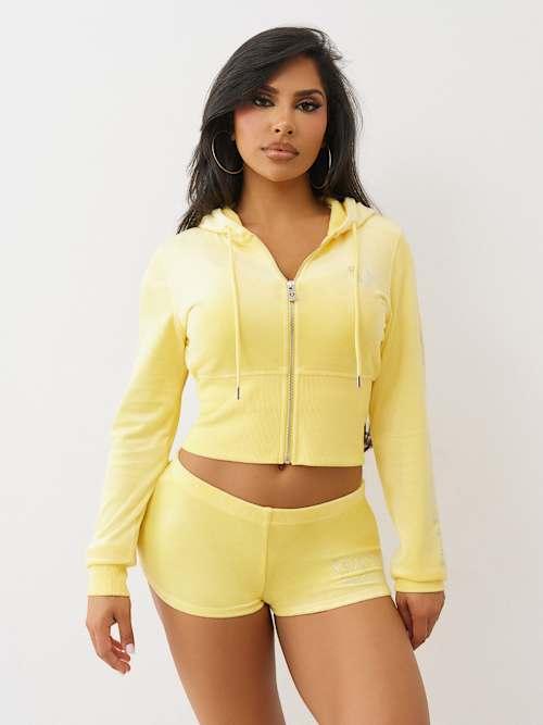 TRUE RELIGION Velour Crystal Zip Hoodie in Yellow | Lyst