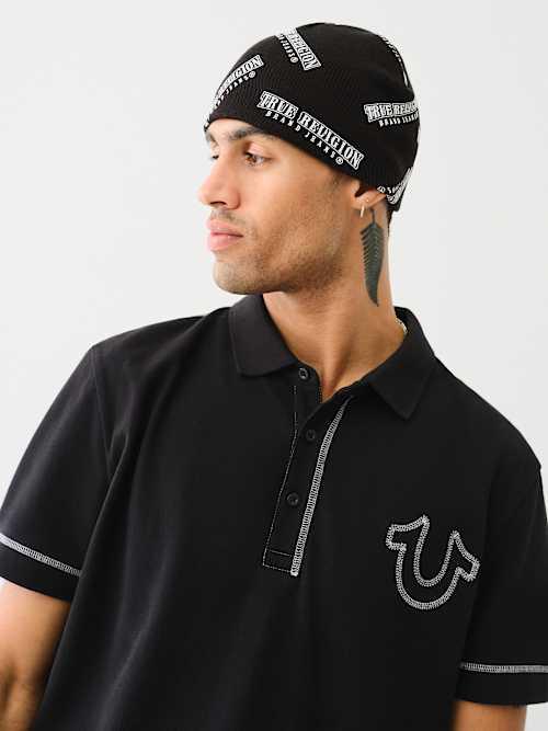 Testament Logo Beanie For Men - Black Stretch Knit Cap, Discharge Print, One Size Fits Most