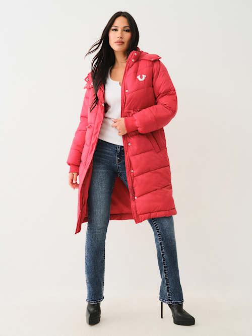 Womens Outerwear True Religion Longline Down Jacket True Religion Fur Trim  Hooded Longline Puffer Jacket In Red Lyst