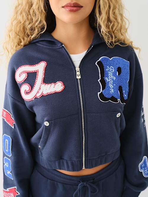 TRUE RELIGION Crystal Patch Zip Varsity Hoodie in Blue | Lyst