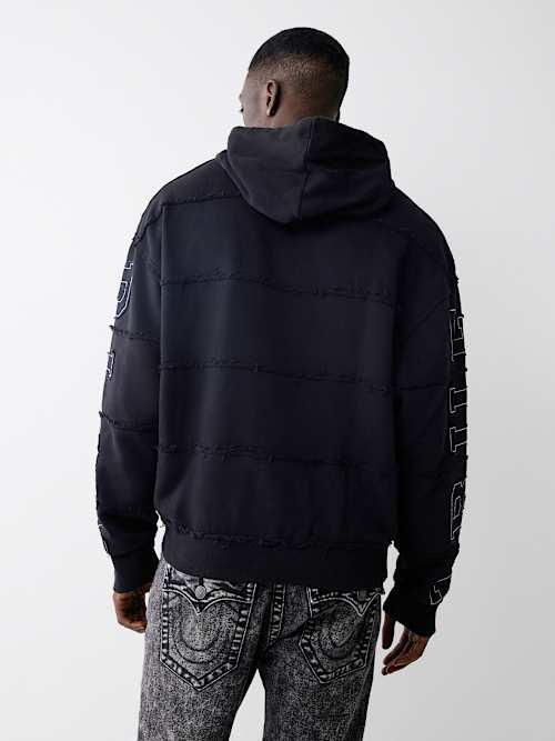 TRUE RELIGION Stacked Frayed Logo Applique Hoodie in Blue for Men