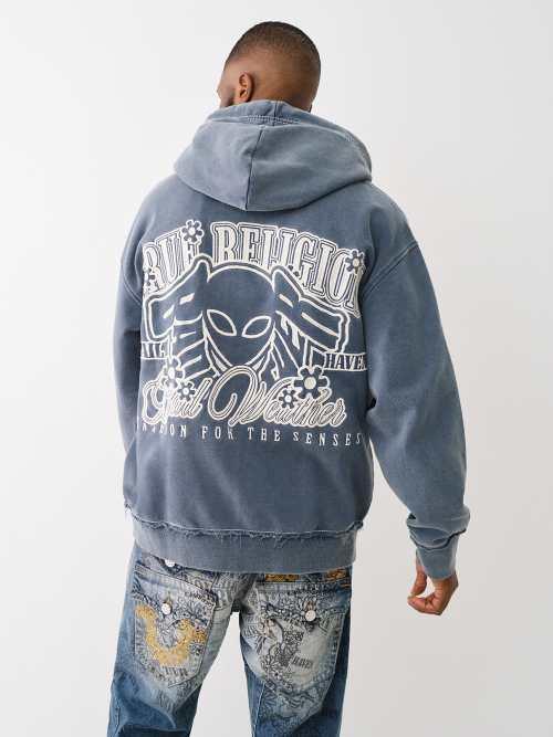 TRUE RELIGION Bw X Tr Distressed Big T Zip Hoodie in Blue for Men