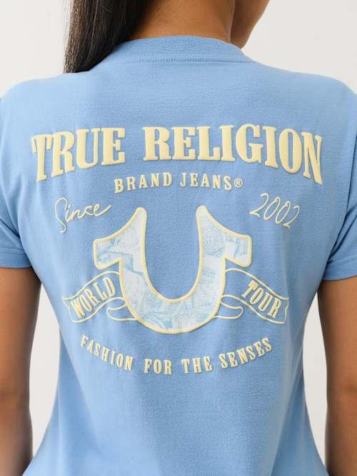 TRUE RELIGION Tropical Denim Horseshoe V Neck T-shirt in