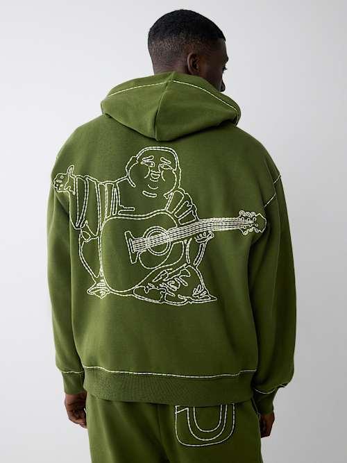 TRUE RELIGION Super T Embroidered Buddha Logo Zip Hoodie in Green
