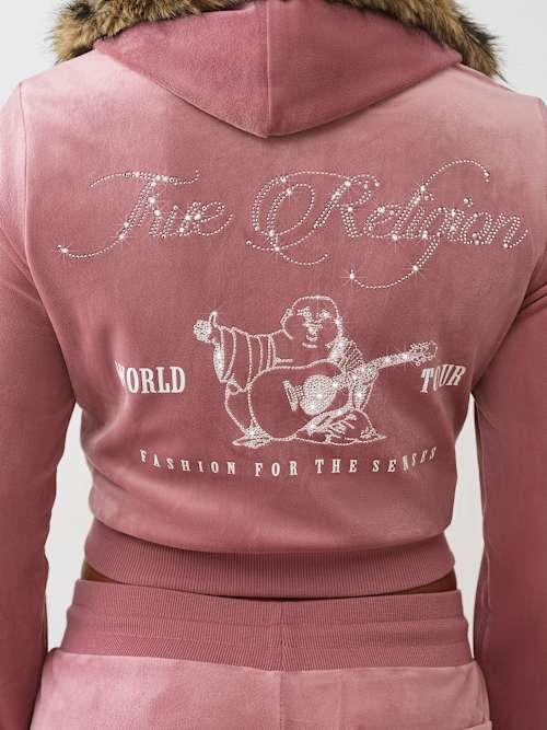 TRUE RELIGION Velour Faux Fur Shrunken Zip Hoodie in Pink Lyst