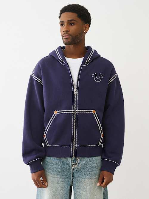 TRUE RELIGION Super Qt Boxy Zip Hoodie in Blue for Men | Lyst