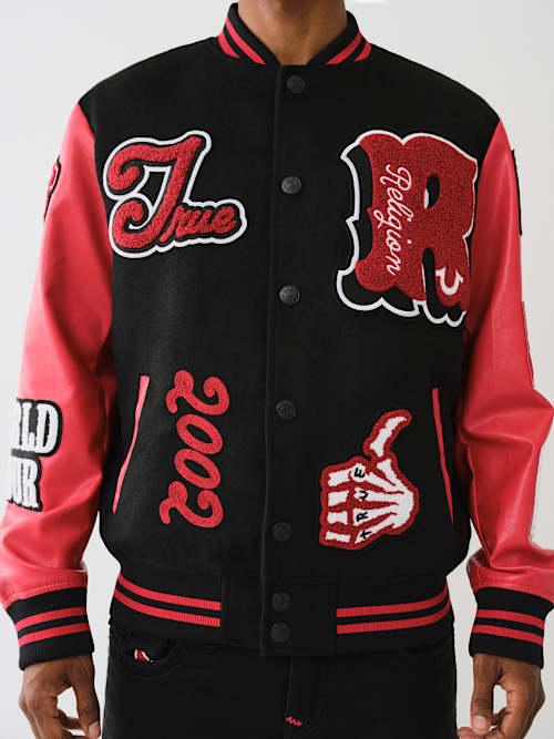True Religion Chenille Logo Patch Varsity Jacket in Red for