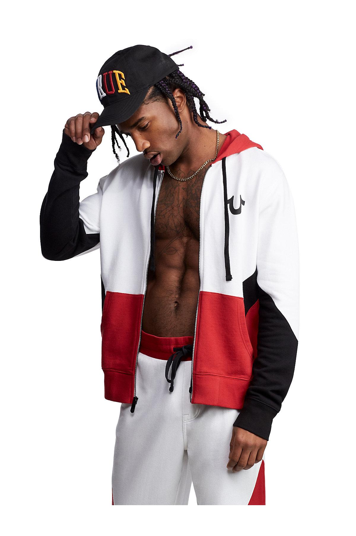 red and white true religion hoodie
