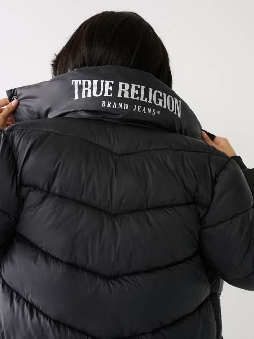 True Religion Logo Longline Puffer in Black Lyst