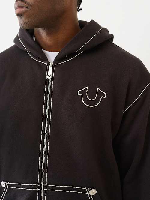 TRUE RELIGION Super T Embroidered Buddha Logo Zip Hoodie in Blue