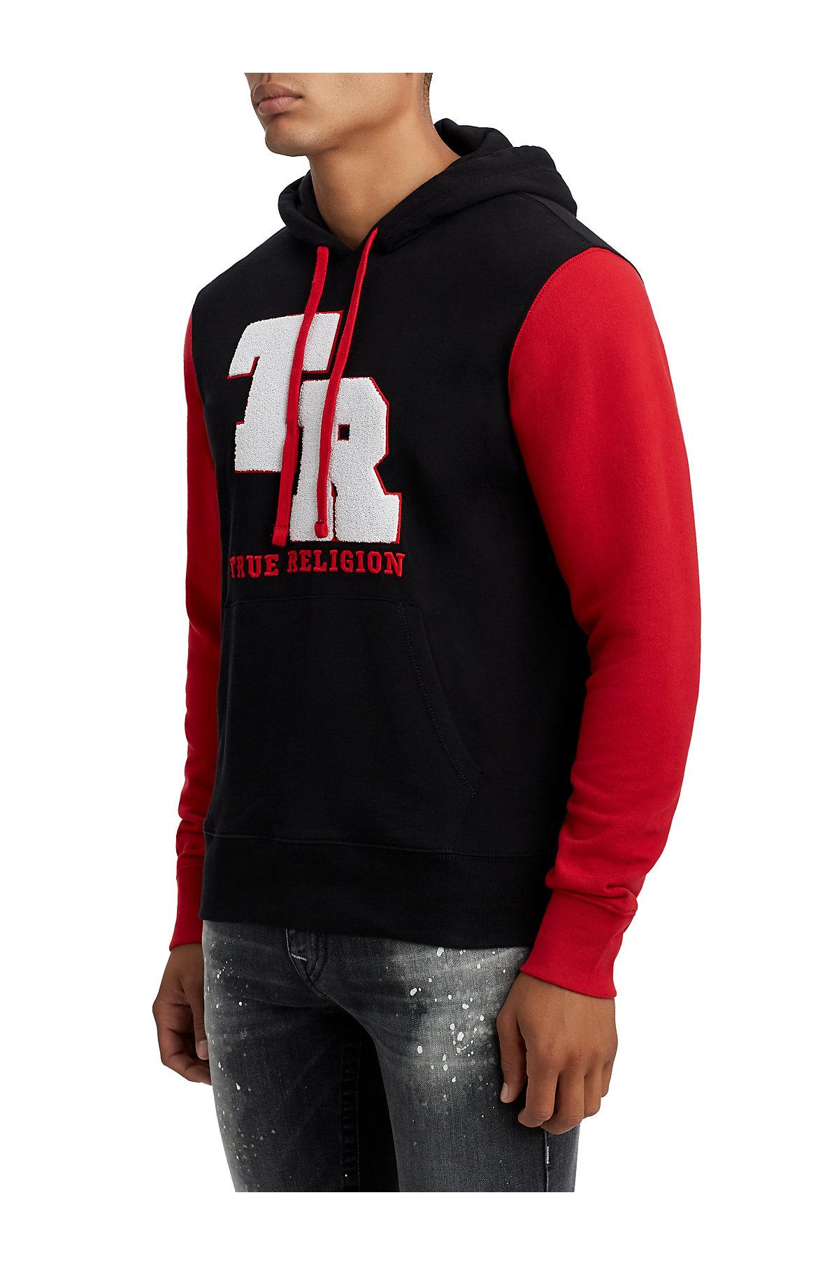 true religion black and red hoodie
