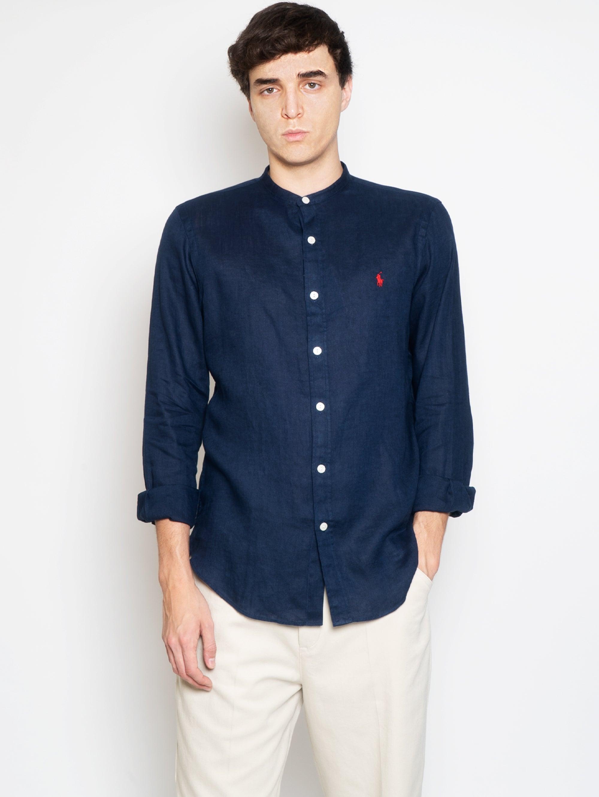 Ralph Lauren Navy Blue Mandarin Collar Linen Shirt for Men | Lyst