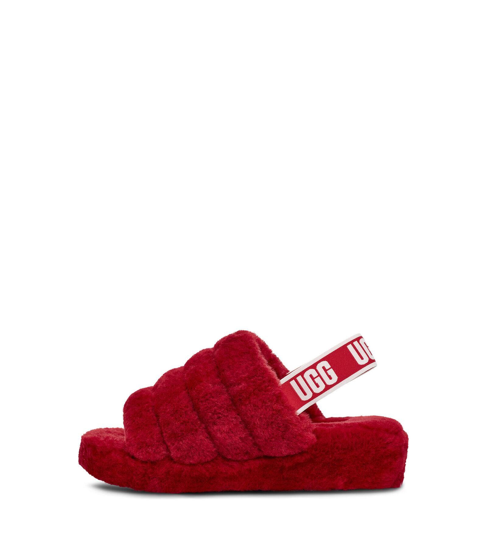 red fluffy ugg slides