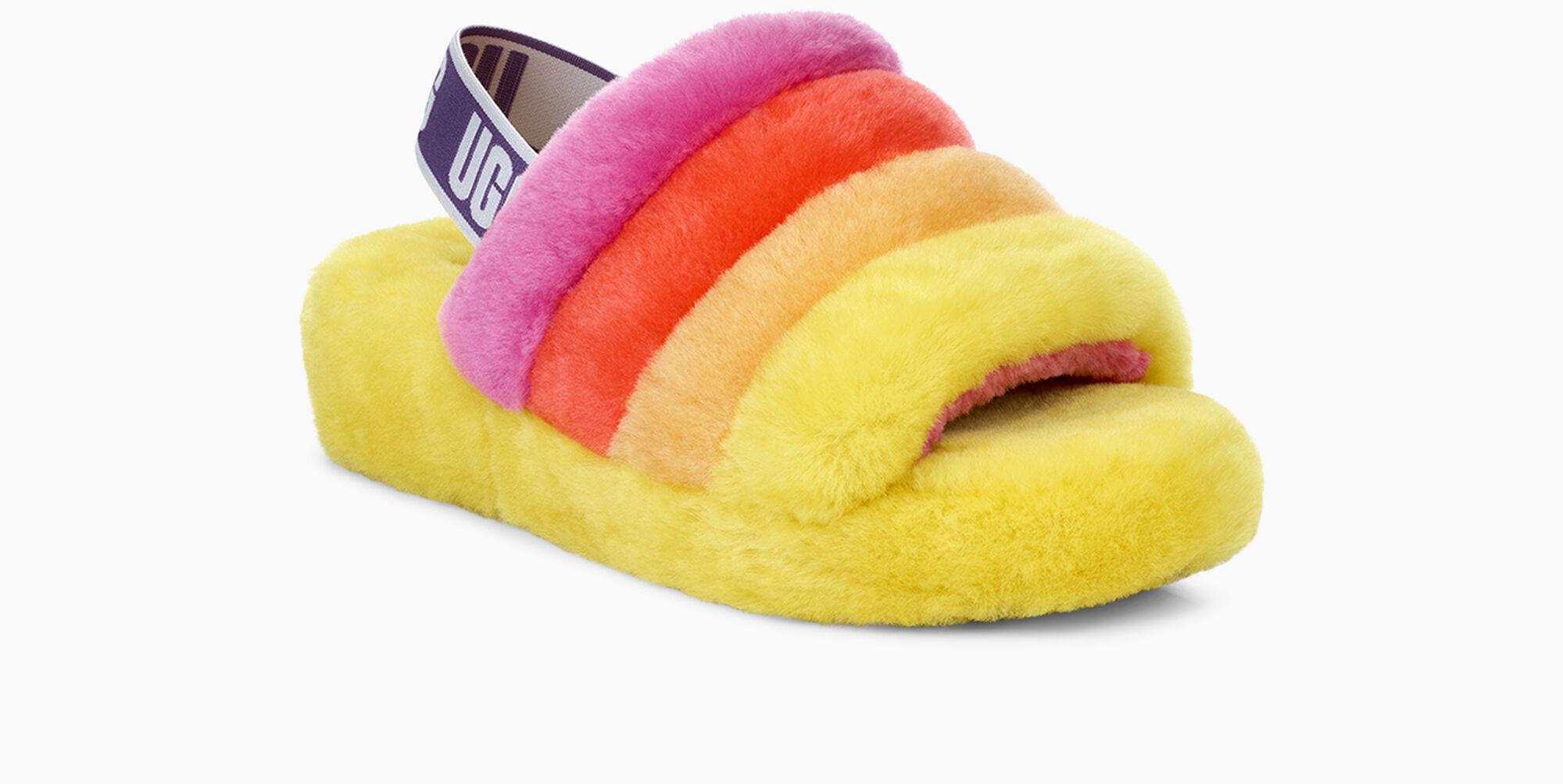yellow rainbow ugg slides