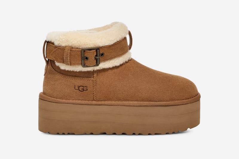 UGG Ultra Mini Belted Roller Sheepskin/suede Classic Boots in Brown | Lyst
