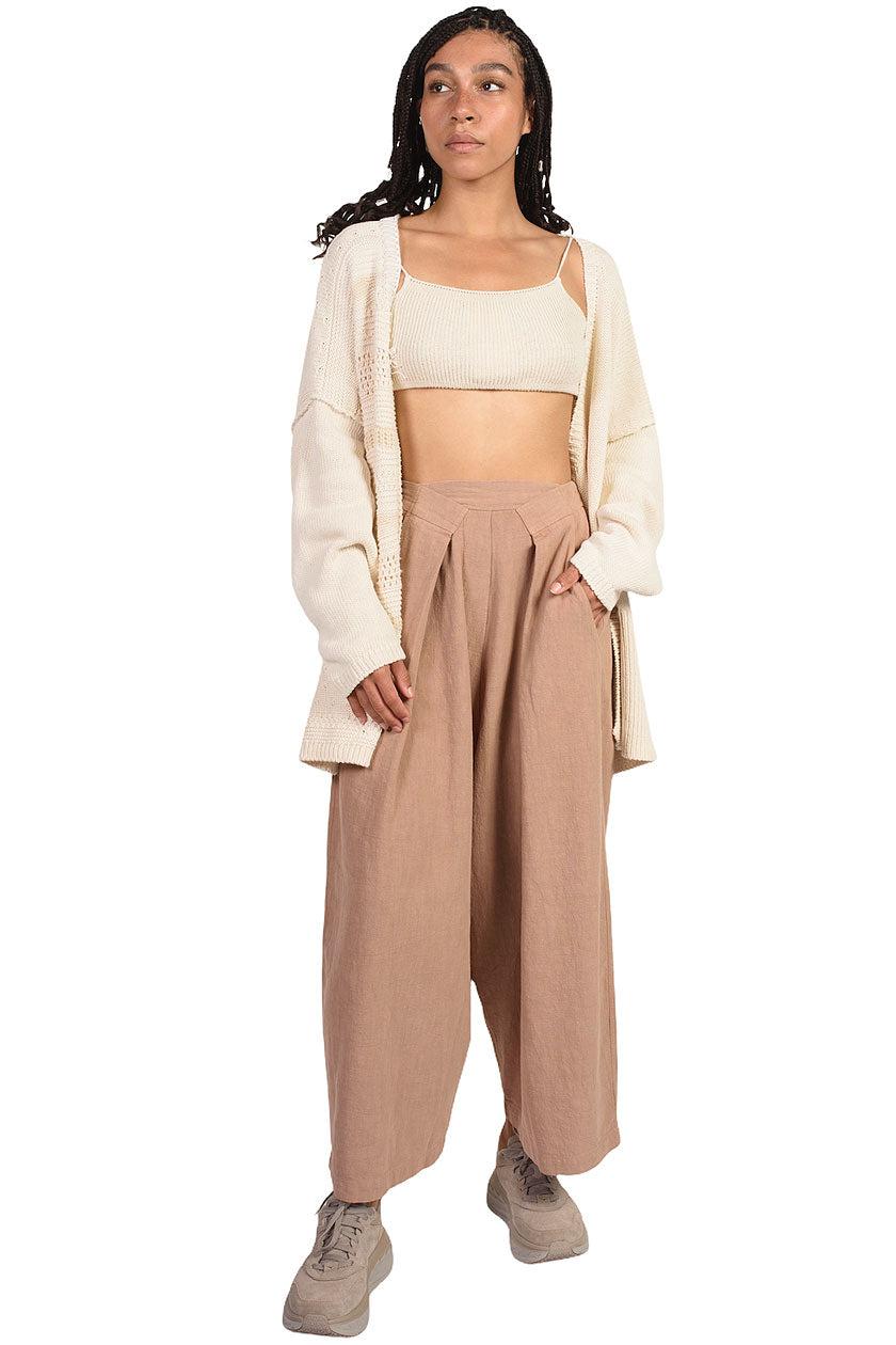 MONICA CORDERA Cork Pleat Front Ramie Pants in Brown | Lyst