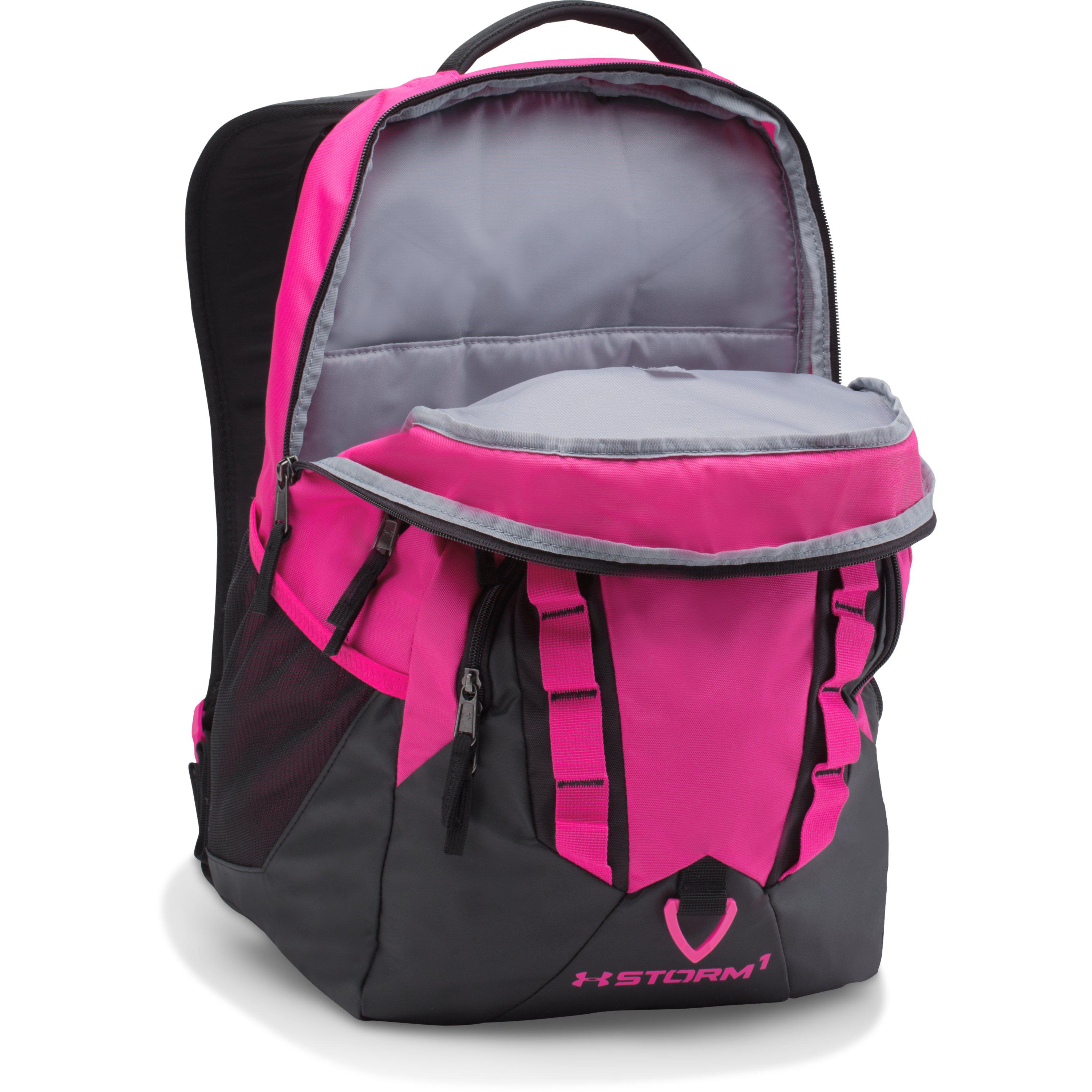 grey and pink under armour backpack