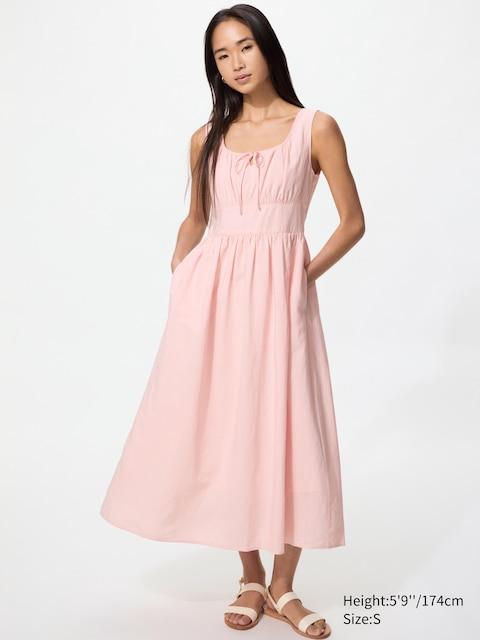 linen blend shirring sleeveless dress Uniqlo Linen Blend Shirring Dress (Sleeveless) in Pink