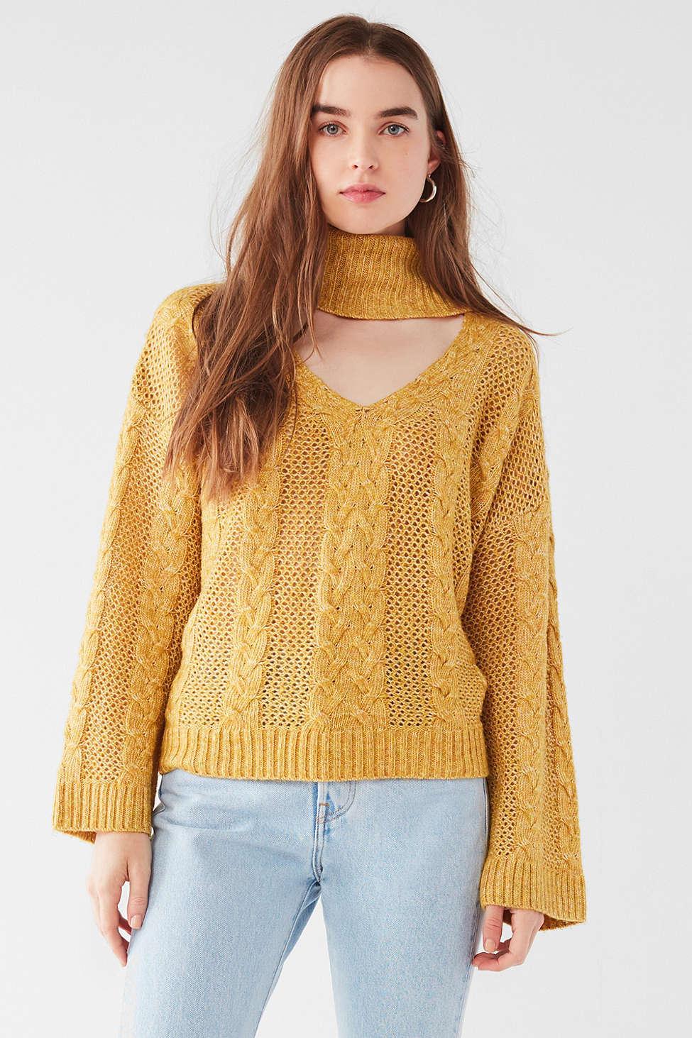 Urban Outfitters Cotton Uo Cable Knit Cut-out Sweater in Yellow - Lyst