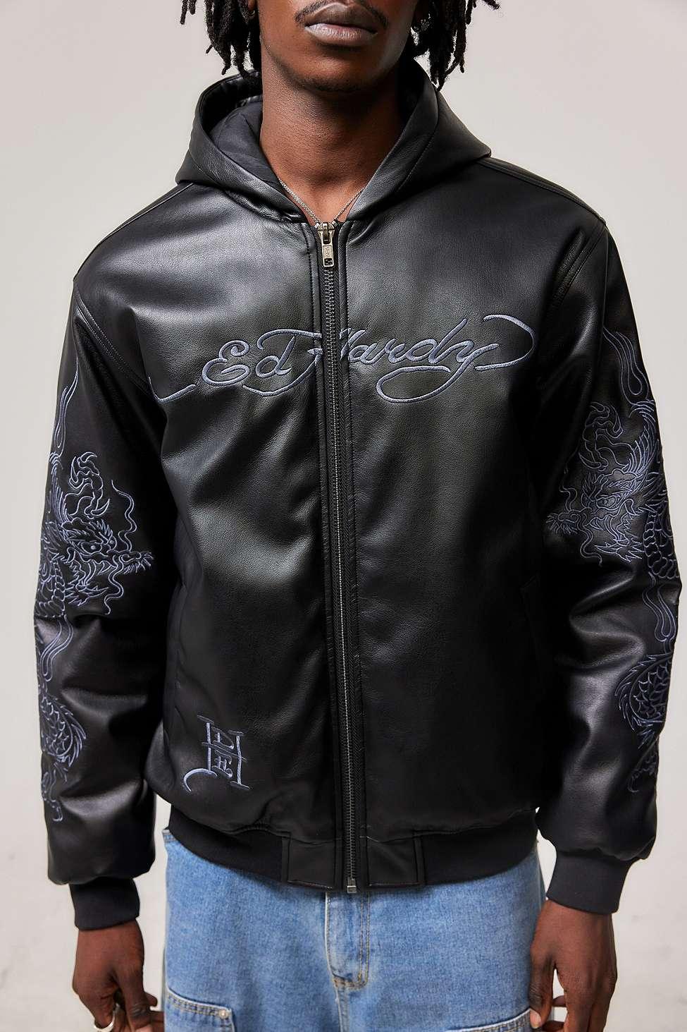 Ed Hardy Uo Exclusive Embroidered Faux Leather Bomber Jacket in
