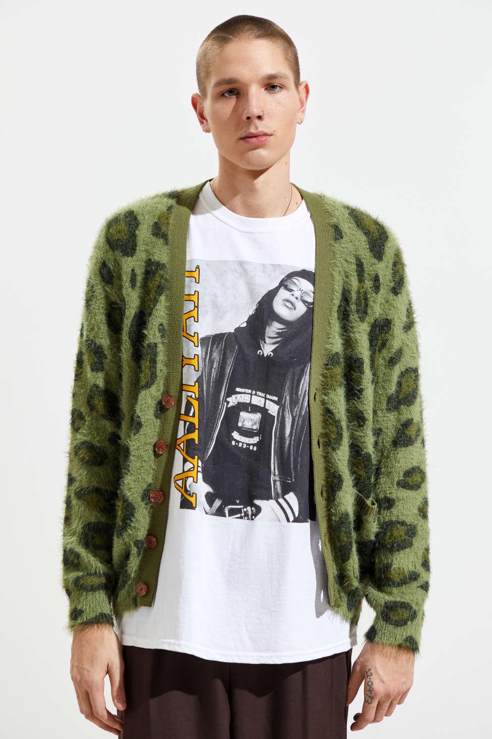 Urban Outfitters Uo Fuzzy Cheetah Print Cardigan in Green for Men | Lyst