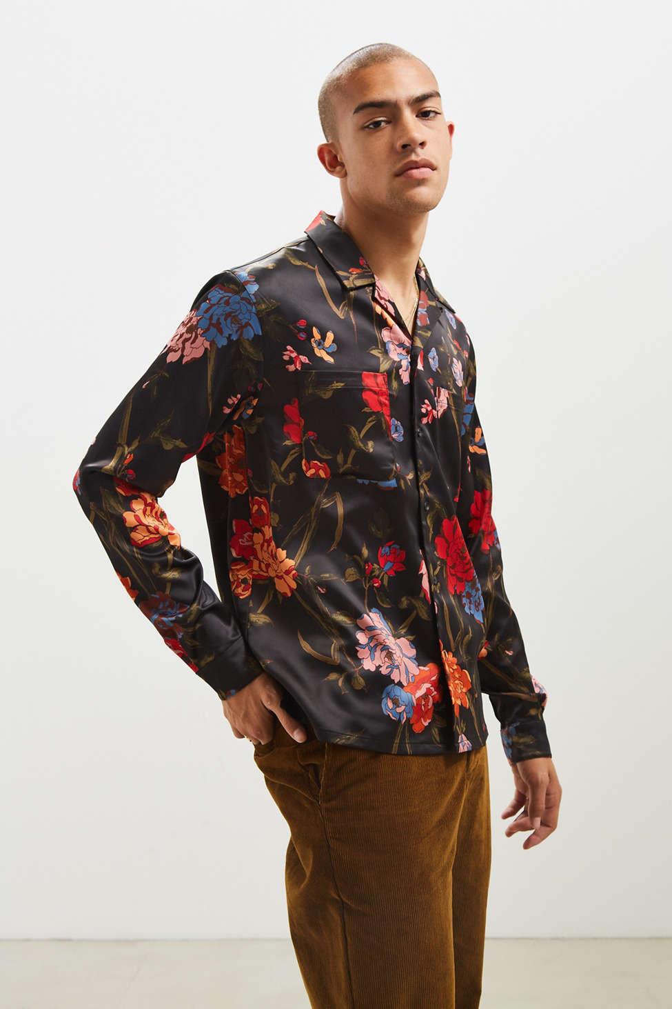 Urban Outfitters Uo Floral Satin Button-down Shirt in Black for Men | Lyst