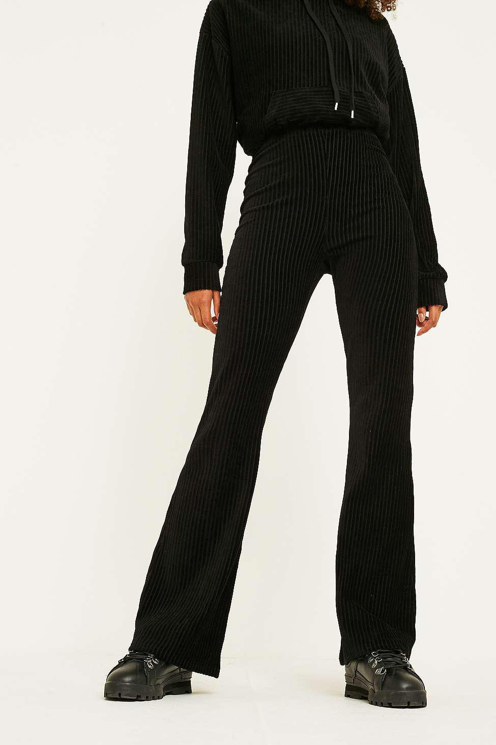 Uo Black Velvet Flare Trousers 