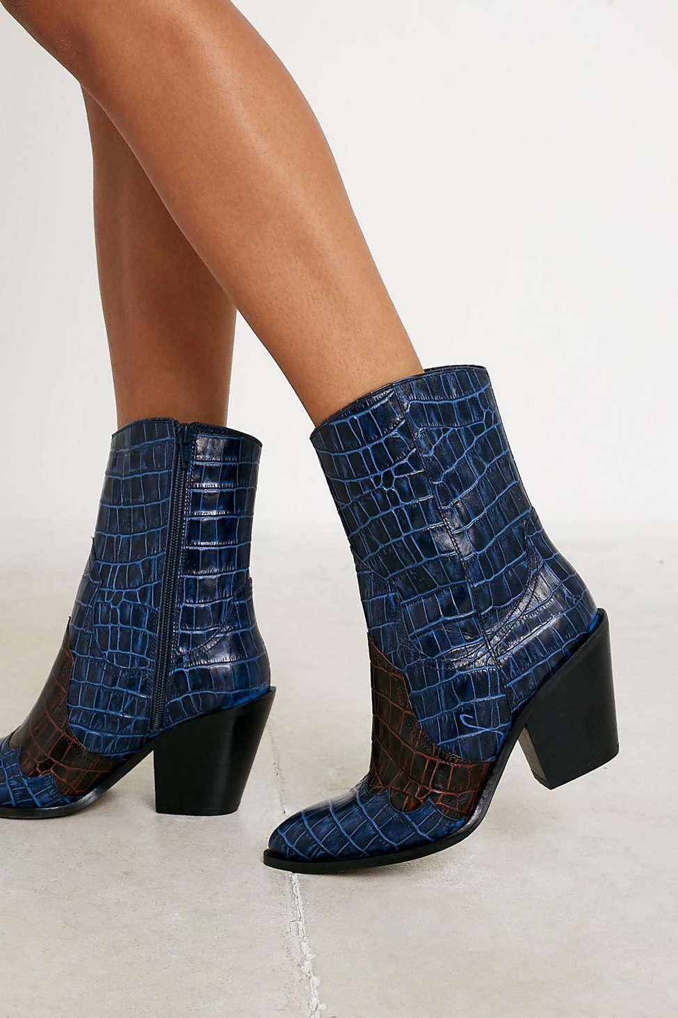 Urban Outfitters Uo Bash Croc Texture Leather Western Boots in Blue | Lyst
