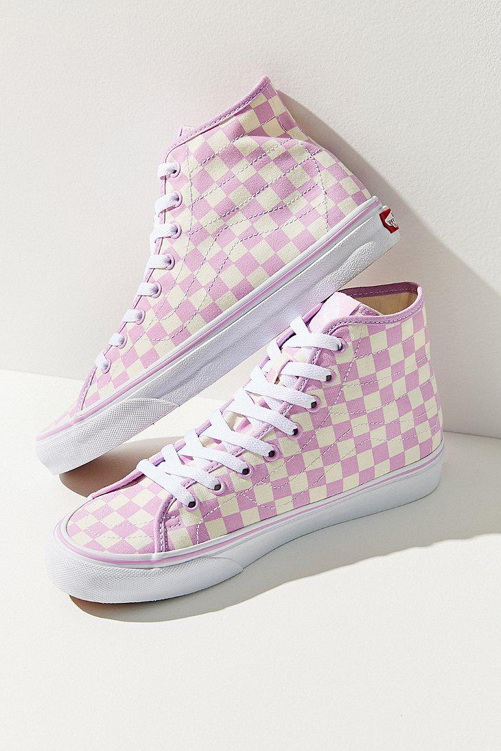 purple checkered high top vans