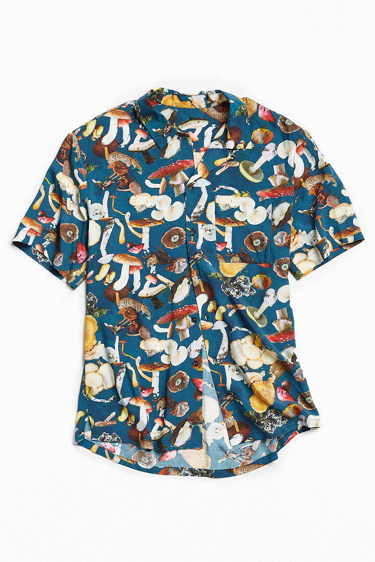 Urban Outfitters Uo Mushroom Print Rayon Short Sleeve Button-down Shirt in  Blue for Men | Lyst
