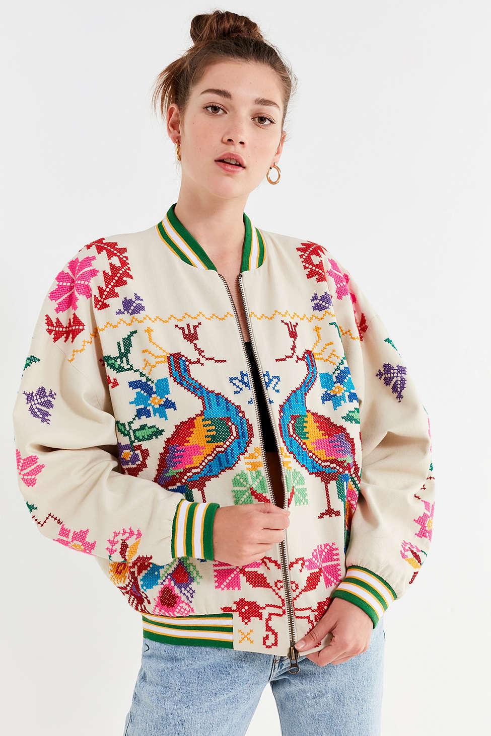 Urban Outfitters Uo Peacock Paradise Cross-stitch Bomber Jacket in Red |  Lyst Canada