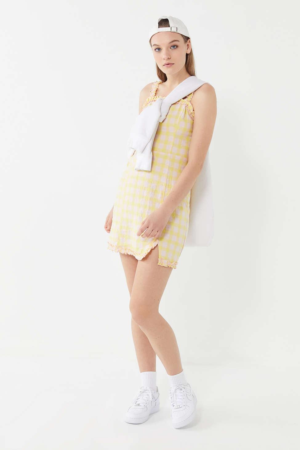 uo wren linen ruffle mini dress