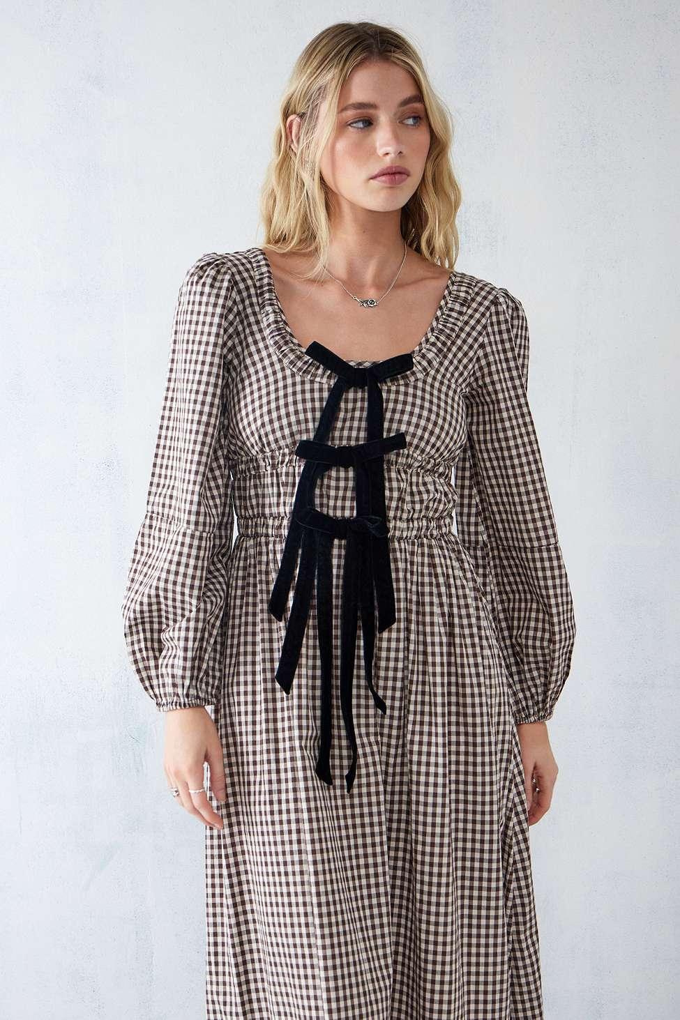 Damson Madder Dakota Bow Midi Dress in Grey | Lyst UK