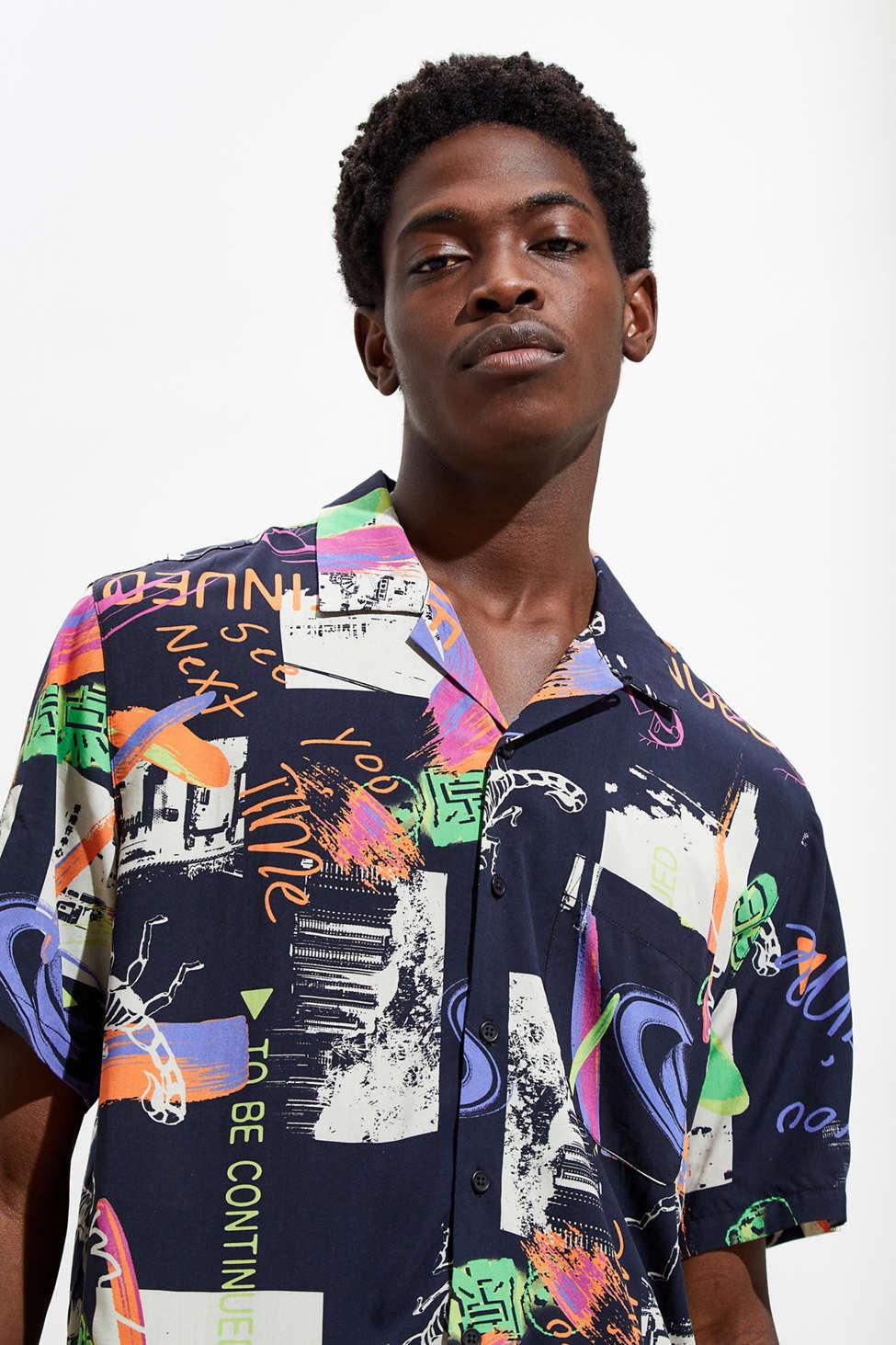 Urban Outfitters Uo Harbor Scene Rayon Short Sleeve Button Down