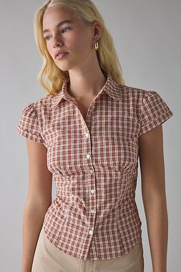 トップス GIUNON puff sleeve check shirt Puff-sleeve Tartan Button-up Shirt For Women | Factory