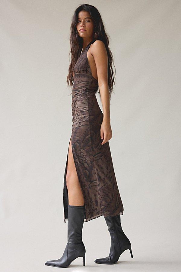 urban outfitters ruched dress UO Lumiere Sparkly Mesh Notch V-Neck Asymmetric Ruched Midi Dress