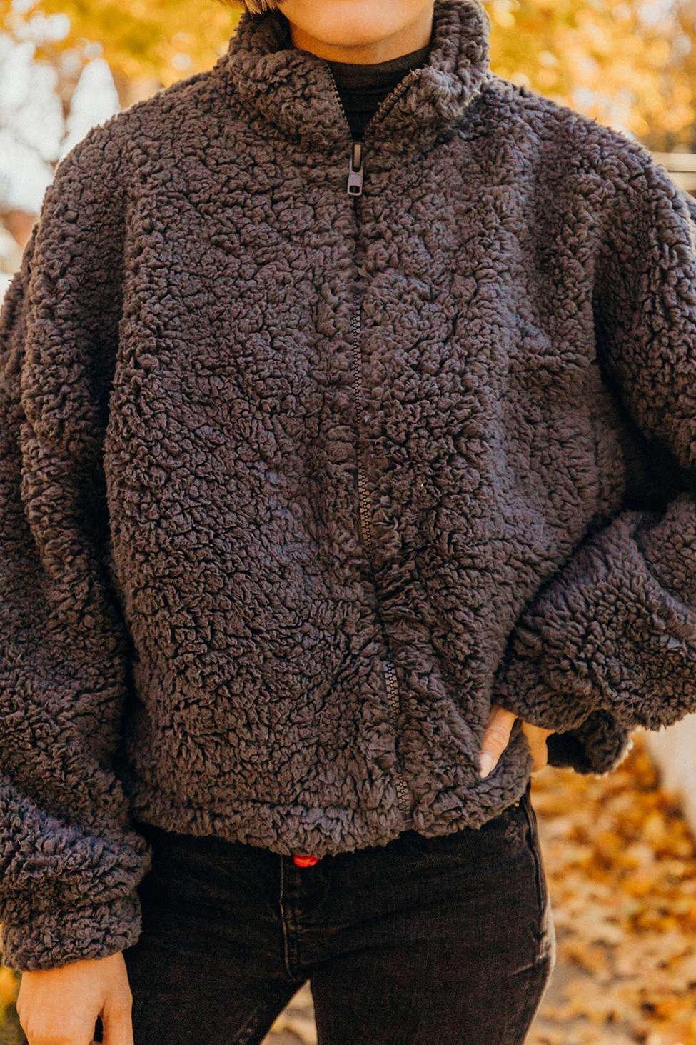 Urban Outfitters Fleece Uo Willow Fuzzy Charcoal Drawstring Teddy Jacket in Grey (Grey) - Lyst