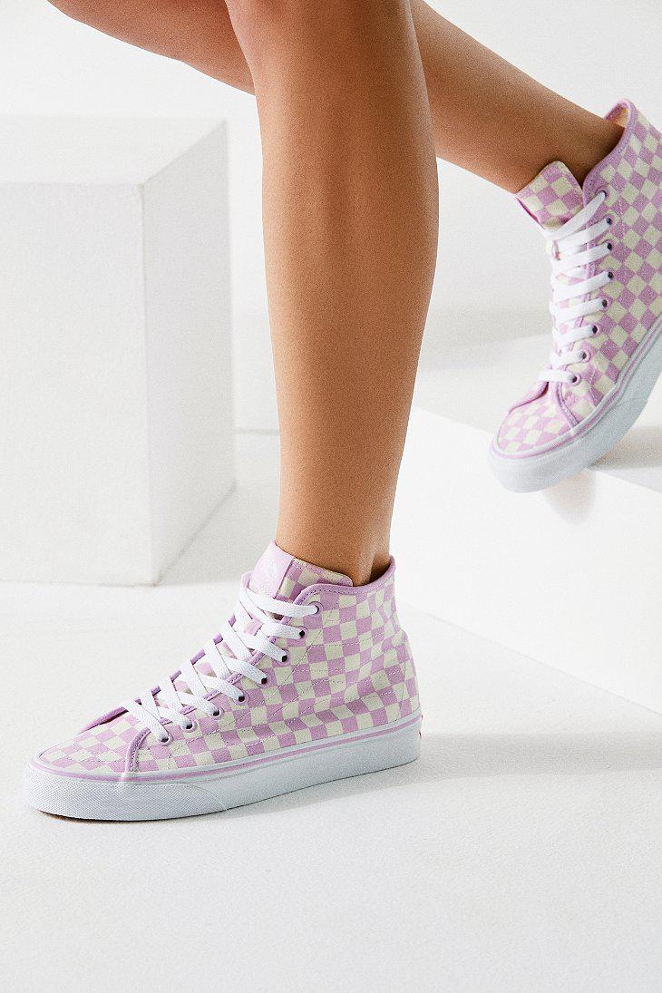 purple checkered high top vans