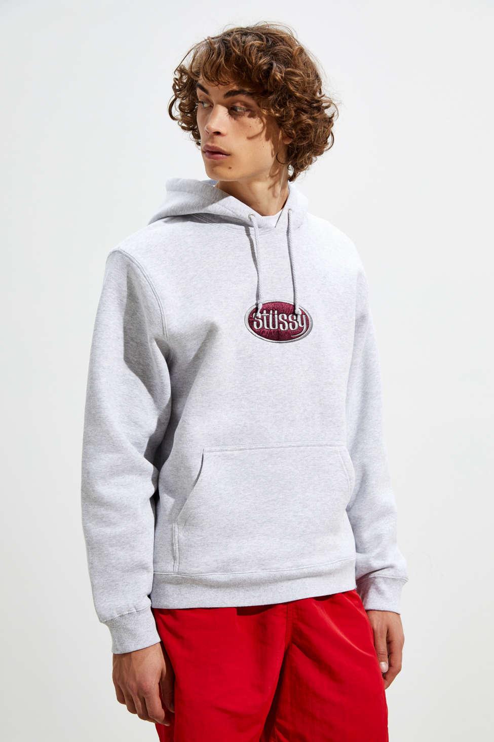 Stussy Cotton Embroidered Oval Logo Hoodie Sweatshirt in Grey 
