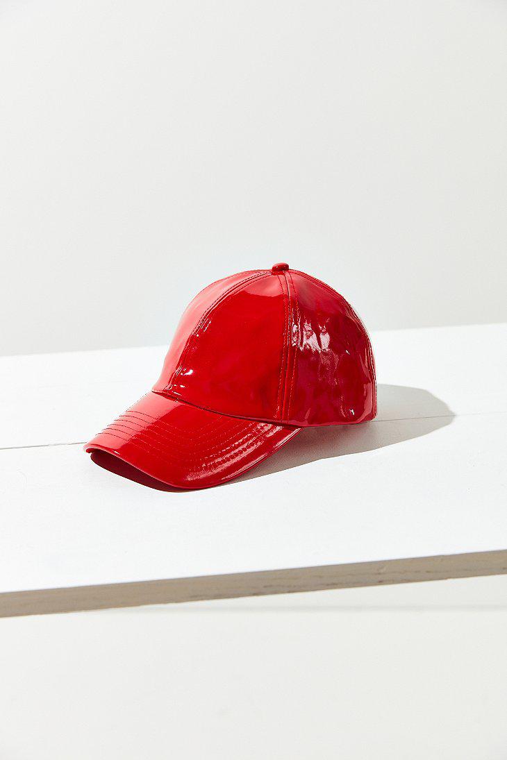red leather baseball cap
