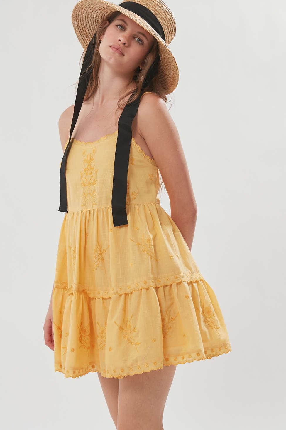 uo hanna embroidered scalloped babydoll mini dress