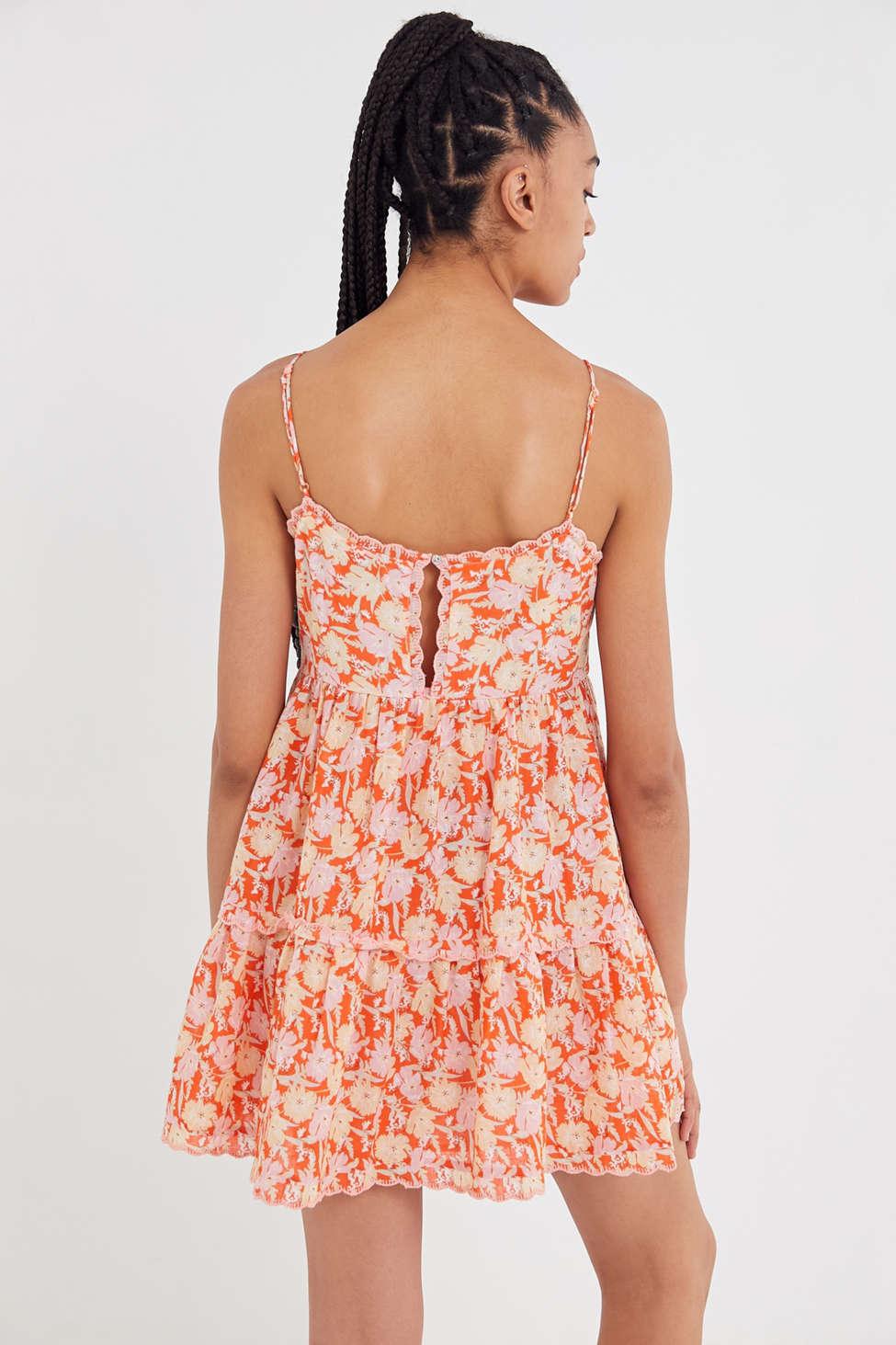 uo hanna embroidered scalloped babydoll mini dress
