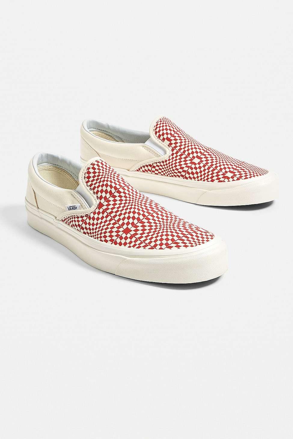 red checkerboard slip ons