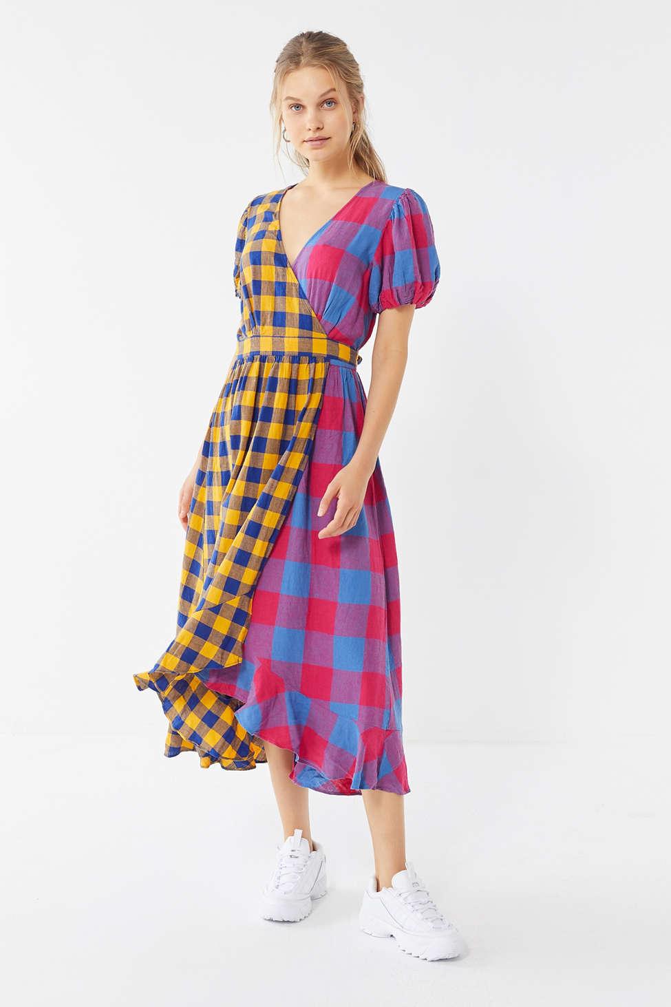 Urban Outfitters Uo Anna Linen Mixed Plaid Midi Wrap Dress | Lyst
