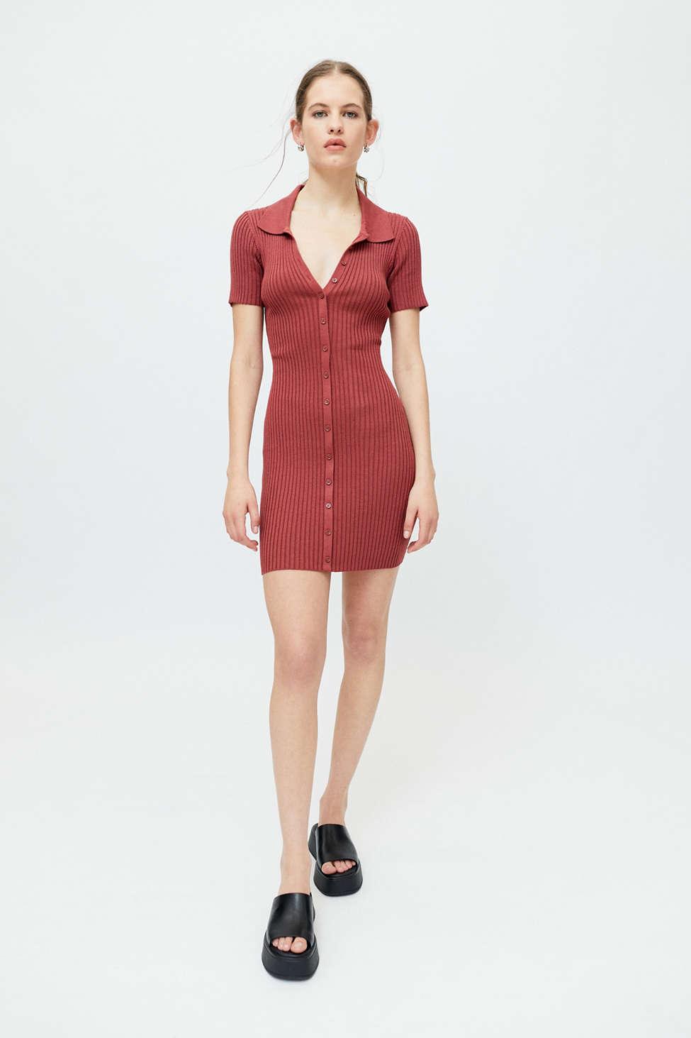 Uo Dale Ribbed Bodycon Polo Dress 