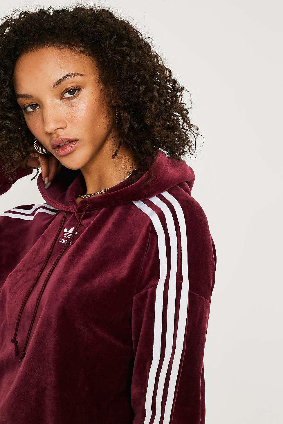 adidas Originals Maroon Velour Cropped Hoodie in Red - Lyst